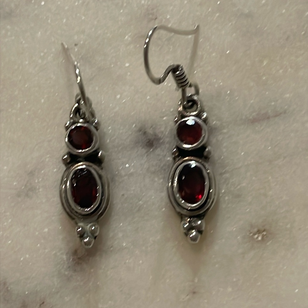 Antique Red Garnet Earrings Set in Sterling Silver 925!